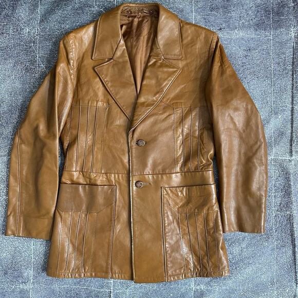 Mens Vintage 70's Robert Lewis Tan Brown Lambskin Leather Button Up Jacket Sz 38 - Picture 1 of 9